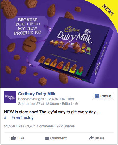 Реклама в соцсетях – сиреневый цвет, реклама шоколада