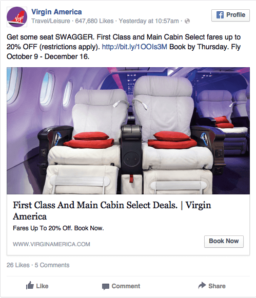 Реклама в соцсетях – сиреневый цвет, пример Virgin America
